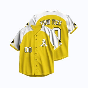 Camisa de beisebol personalizada amarela e branca com patch da letra A e nome e número impressos a quente para times