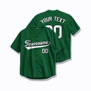 Camisa de beisebol verde personalizada – Camisa com nome e número em letras brancas – Uniforme esportivo personalizado bordado ou prensado a quente