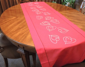 White Hearts Embroidered Table Runner, Table Linens, Red Runner