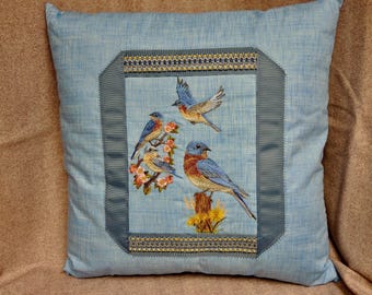 Bluebird Throw Pillow, Embroidered Bluebirds, Home Decor, 18 X 18 Inches