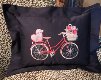 Bicycle Throw Pillow,  Embroidered Bicycle With Basket of Roses, Home Decor