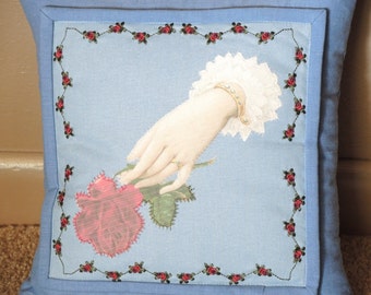 Victorian Rose In Hand Throw Pillow, Appliqué Pillow, Boudoir Pillow, Embroidered Roses