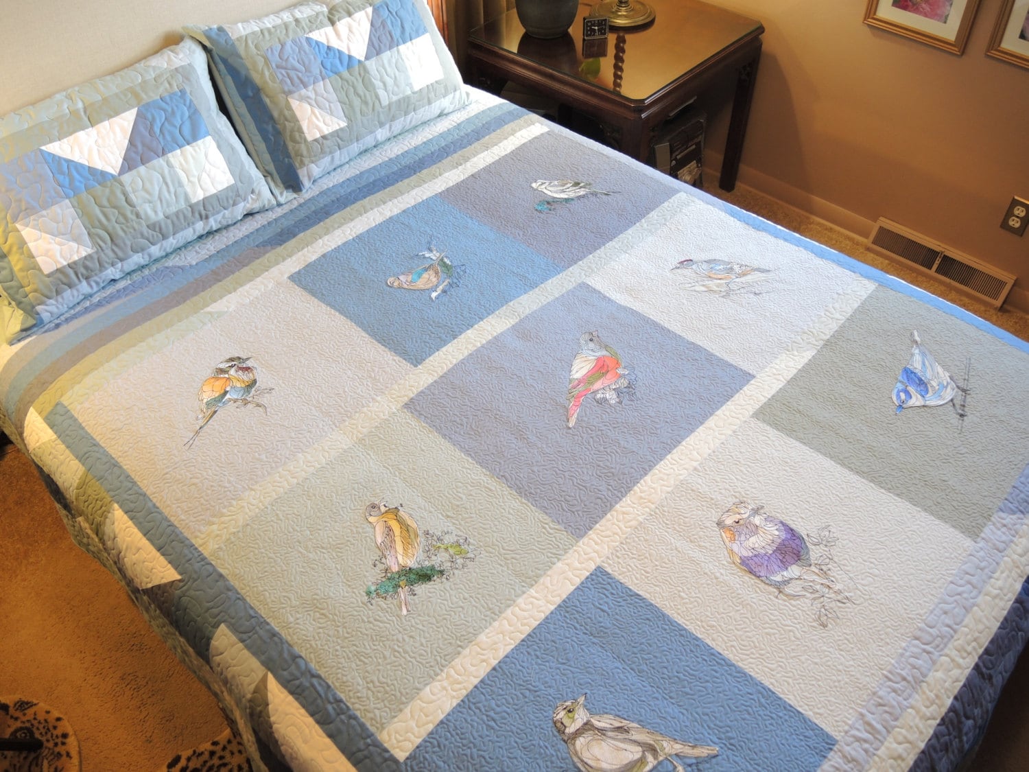 Queen Size Quilts Embroidered Birds Quilt Pillow Shams Etsy