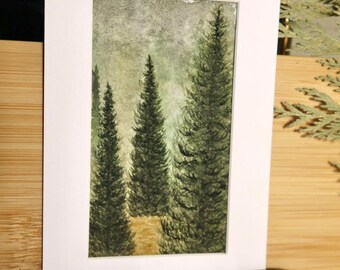 森の中 - オリジナルの水彩画、自然画、密林の木々の絵、木々や赤い葉
