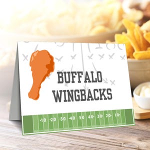 Voetbalfeest Eten Tentlabels: 16 afdrukbare kaarten; Super Bowl-feestklaar voetbalthema-menu-item, geen bewerking vereist, direct downloaden