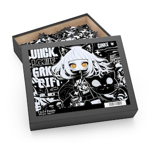 Black and White Anime Puzzle – Cool Girl with White Hair and Black Cat, Bold Monochrome Aesthetic, Unique Gift for Teens and Collectors
