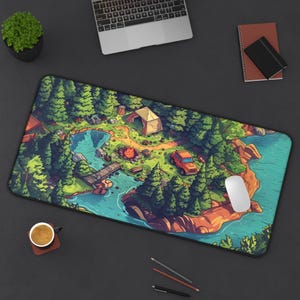 Cozy Anime Forest Camp Desk Mat - Lush Green Woodland Art - Peaceful Nature Gaming Pad Cozy Woodland Aesthetic Playmat