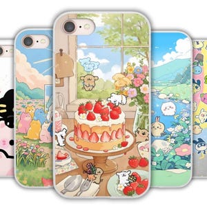 Strawberry Cake Party – Kawaii anime phone case featuring adorable dog characters celebrating with sweet pastel colors and joyful vibes.
