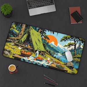 Sunset Camp Vibes Desk Mat – Minimal Forest Evening Scene | Tranquil Anime-Inspired Mousepad Minimalist Anime Landscape Mousepad