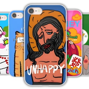 Funda para teléfono con Jesús triste: diseño kawaii con expresión de agotamiento. Funda para teléfono con Jesús triste y melancólico: diseño inspirado en el anime.