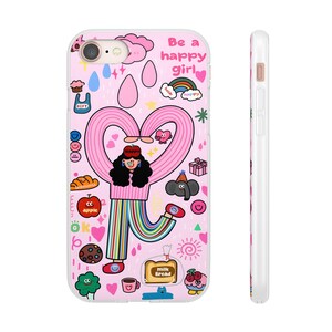 Coque de téléphone rose anime Be a Happy Girl – Esthétique mignonne pour les amateurs de kawaii, ambiance de fille douce, style dessin animé doux avec des détails charmants