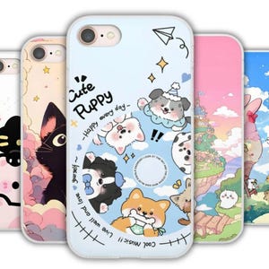 Funda de teléfono de anime kawaii con adorables perros bailando sobre un disco de vinilo azul pastel, perfecta para los amantes de los perros y los fanáticos de la música.
