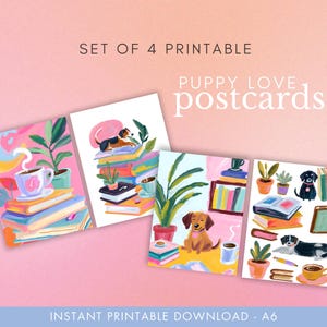 Juego de 4 tarjetas de decoración de pared con postales de amor de cachorros imprimibles: descarga instantánea