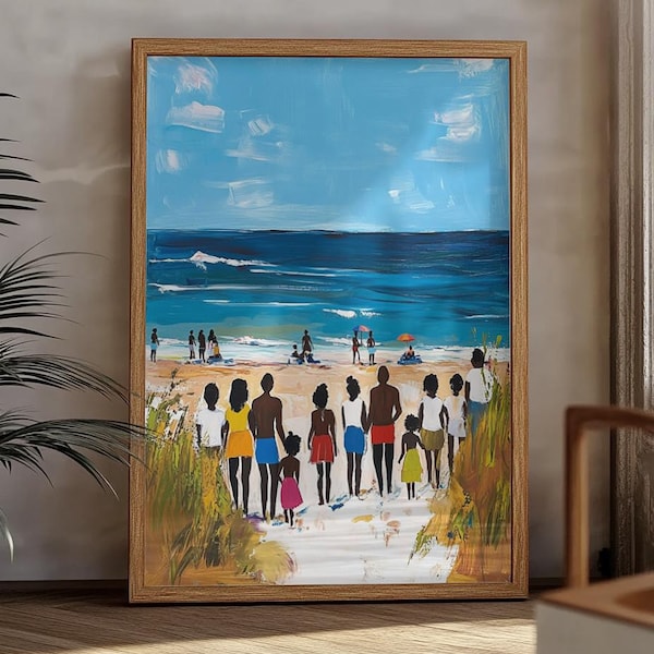 Black Family Beach Art Print | African American Coastal Wall Decor | Digital Download