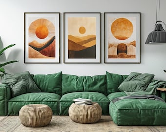 Boho Desert Sun Prints | 3-Piece Abstract Wall Art Set | Digital Download