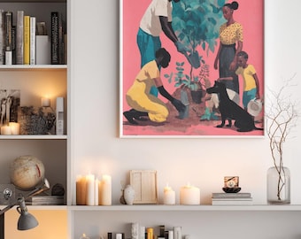 Black Family Planting Tree Wall Art | Pink Folk Print | Digital Download