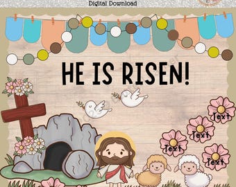 Puede incluir: Kit de tablón de anuncios de descarga digital con el texto "HE IS RISEN!" con una ilustración de dibujos animados de Jesús, una cruz, una tumba, palomas y corderos. El diseño incluye flores decorativas y una pancarta con colores pastel.