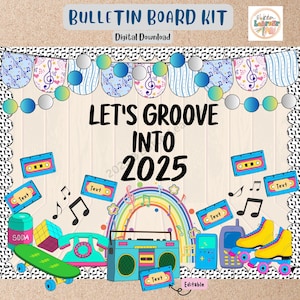 Let&#39;s groove into 2025 Bulletin Board Kit, Groovy Classroom Display,Classroom Door Decor, Editable