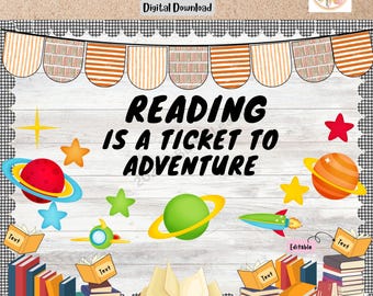 Library Bulletin Board Kit Reading is a Ticket to Adventure, Classroom Decor, Editable