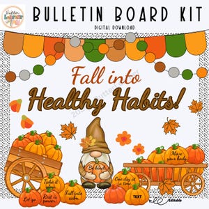 Fall Healthy Habits Bulletin Board Kit, Health and Wellness Teacher Printable Display, Editable Pumpkin Classroom Decor for Autumn