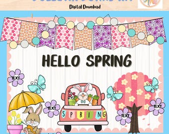 May include: A printable bulletin board kit with a spring theme. The kit includes a banner with flowers, a truck with a bunny, a tree with butterflies, and text boxes that say "Hello Spring" and "Spring".