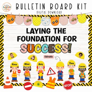 Op de afbeelding: Een digitale prikbordkit met de tekst "Bulletin Board Kit Digital Download" en "Laying the Foundation for Success!" Het ontwerp bevat bouwgerelateerde afbeeldingen, bouwvakkerpersonages en bewerkbare elementen.