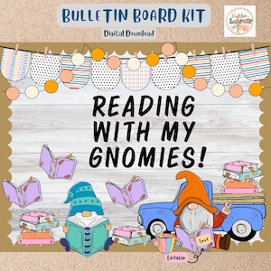 Library Bulletin Board Kit Spring Reading Book Gnomies, Door Decor, Classroom Decor, Editable