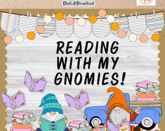 Library Bulletin Board Kit Spring Reading Book Gnomies, Door Decor, Classroom Decor, Editable