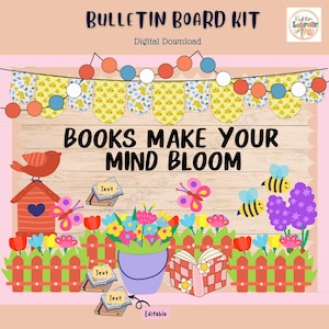 Può includere: Kit bacheca digitale scaricabile a tema floreale e libri. Il design include uno sfondo in legno con il testo "BOOKS MAKE YOUR MIND BLOOM". Elementi decorativi: casetta per uccelli, farfalle, api, fiori e libri.