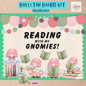 Library Bulletin Board Kit Spring Reading Book Gnomies, Door Decor, Editable