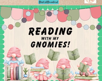 Library Bulletin Board Kit Spring Reading Book Gnomies, Door Decor, Editable