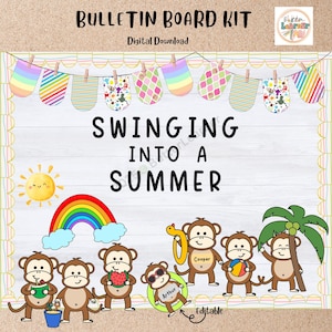 May include: A digital bulletin board kit with the text "Bulletin Board Kit" and "Swinging Into a Summer". The image features a rainbow, sun, and cartoon monkeys holding various summer items. Colorful mittens hang from a clothesline.