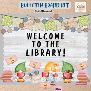 Library Gnomes Bulletin Board Kit, Spring Reading Book, Classroom Door Decor, Editable