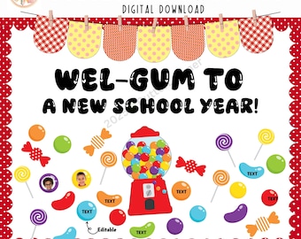 Gumball Bulletin Board Kit | Editable Back to School Welcome Door Decor | Digital Download