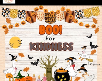May include: A digital Halloween bulletin board kit featuring pumpkins, bats, and geese in witch hats. The design includes the words "Halloween" and "Bulletin Board Kit Digital Download" and the phrase "Boo! for Kindness."
