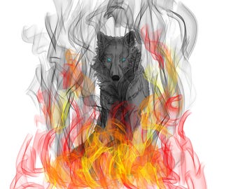 Black Wolf Walking Through Flames