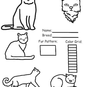 May include: A black and white line art coloring page featuring four distinct cat illustrations, a cat head, and text fields labeled Name, Breed, Fur Pattern, and Color Grid. The cats are depicted in various poses including sitting, walking, and lying down.