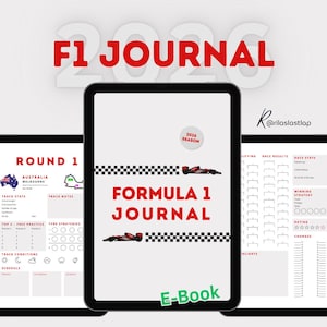 May include: A digital Formula 1 Journal e-book displayed on a tablet. The cover features the text "Formula 1 Journal" with a checkered flag design and a red race car illustration. The journal includes sections for race stats and notes.