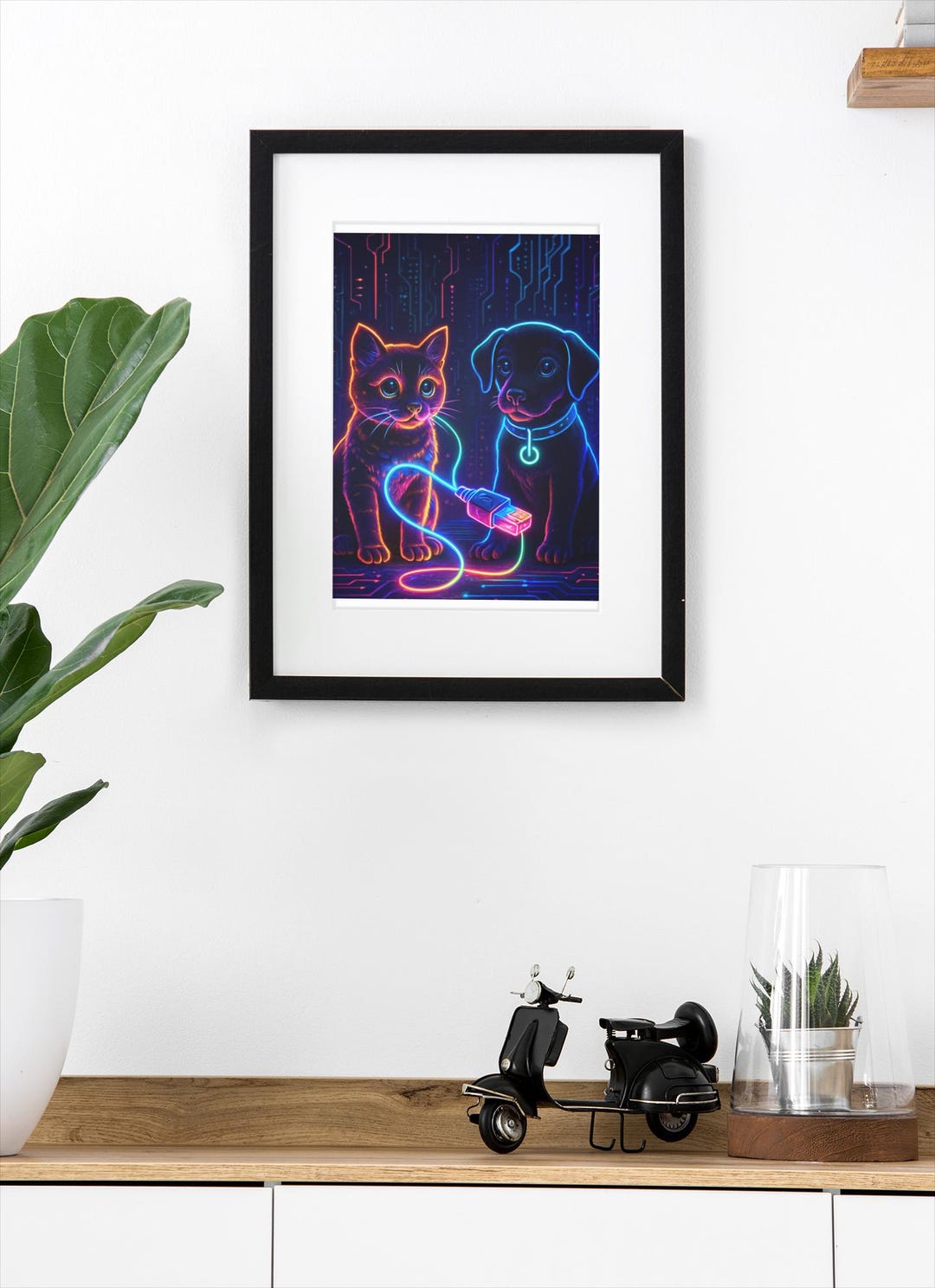 Neon Cat and Dog Digital Art Print – Cyberpunk Pet Poster for Tech ...