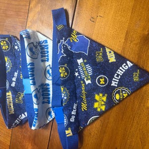 May include: Three triangular pet bandanas with blue adjustable straps and plastic buckles. Two bandanas feature a dark blue fabric with yellow and white Michigan team graphics, while one features a white fabric with blue Detroit Lions logos.