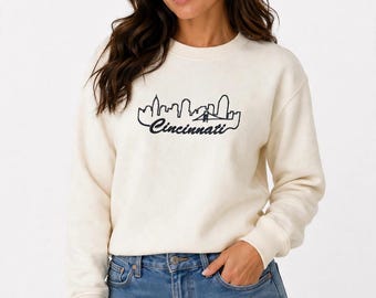 Sudadera — Bordado del horizonte de Cincinnati, Cuello redondo con el texto de Cincinnati, Camiseta de la ciudad de Ohio, Sudadera de algodón bordada, Regalo de Cincinnati