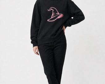 Sweatshirt — Pink Witch Hat Embroidered, Halloween Witch Sweatshirt, Pink Witch Hat, Spooky Season Gift, Embroidered Cotton