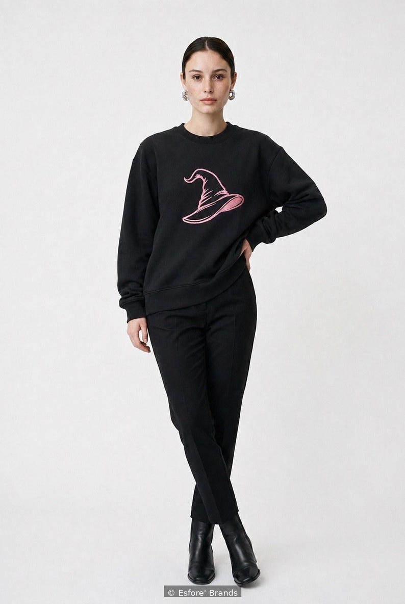 Sweatshirt — Pink Witch Hat Embroidered, Halloween Witch Sweatshirt, Pink Witch Hat, Spooky Season Gift, Embroidered Cotton image 1