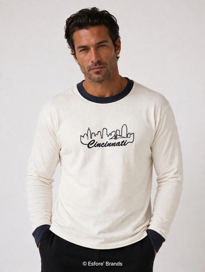 Long Sleeve T-Shirt — Cincinnati Skyline Embroidered, Cincinnati Script Tee, Ohio City Shirt, Embroidered Cotton Tee, Cincinnati Gift image 1