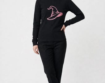 Long Sleeve T-Shirt — Pink Witch Hat Embroidered, Halloween Witch Shirt, Pink Witch Hat Tee, Spooky Season Gift
