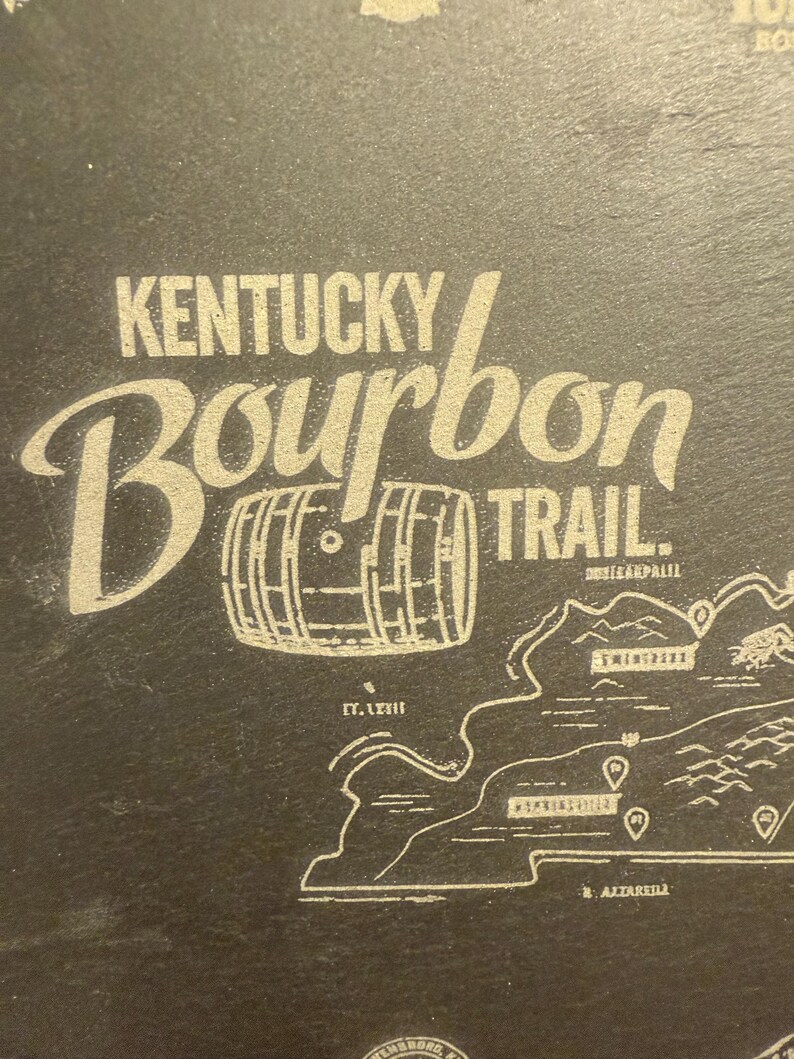 Op de afbeelding: Donkergrijze oppervlakte met de woorden "Kentucky Bourbon Trail" in een gestileerd lettertype. Een vat-afbeelding staat tussen de woorden. Een kaart van Kentucky met markeringen staat eronder.
