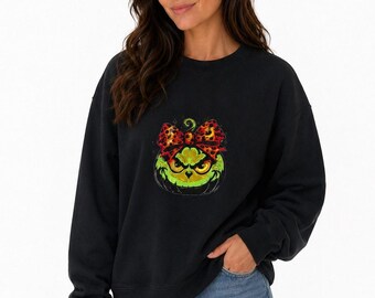 Sudadera — Calabaza del Grinch bordada, Sudadera de calabaza de Halloween, Calabaza verde gruñona, Regalo de otoño de Halloween, Algodón bordado