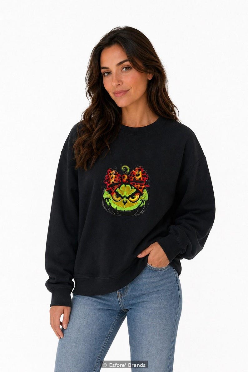 Sweatshirt — Grinch Pumpkin Embroidered, Halloween Pumpkin Sweatshirt, Green Grumpy Pumpkin, Fall Halloween Gift, Embroidered Cotton image 1
