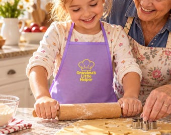 Grandma's Little Helper Kids Apron, Personalized Child Apron, Choose Your Phrase, Embroidered Chef Hat Apron, Kids Baking Gift
