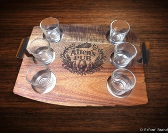 Custom 6-Glass Bourbon Flight Board, Personalized Pub Name Engraved, Acacia Wood, T-Bar Handles, Savor the Pour Chips